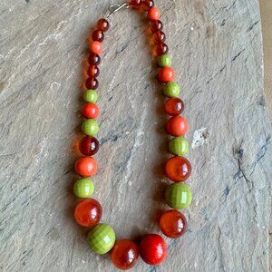 Handmade Retro Beaded Necklace — Orange, Amber & Lime Green